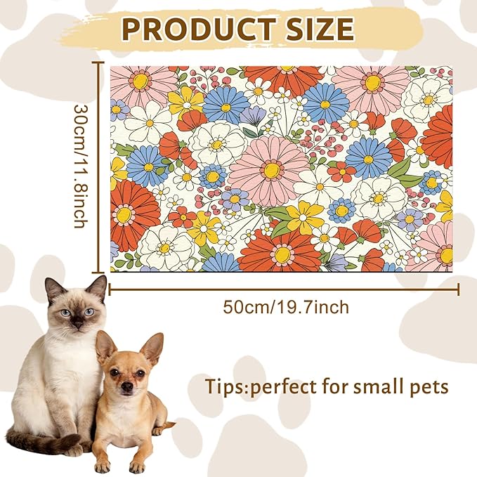 GLOBLELAND Florals Pet Food Mat for Floors 11.8×20 inch Dogs Food Mats Absorbent Dog Bowl Mat Quick Dry Dog Cat Pet Placemats Pets Supplies for Water Dispenser