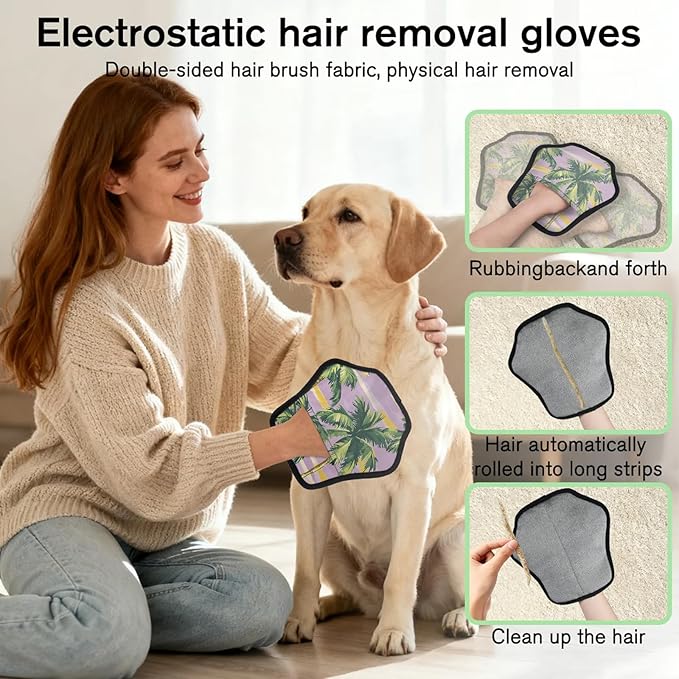 Reusable Pet Hair Removal Glove Palm Trees Theme Magic Brush for Cat & Dog Hair Remover for Car, Sofa, Bedding, Clothes - 9x9 Mitt Washable