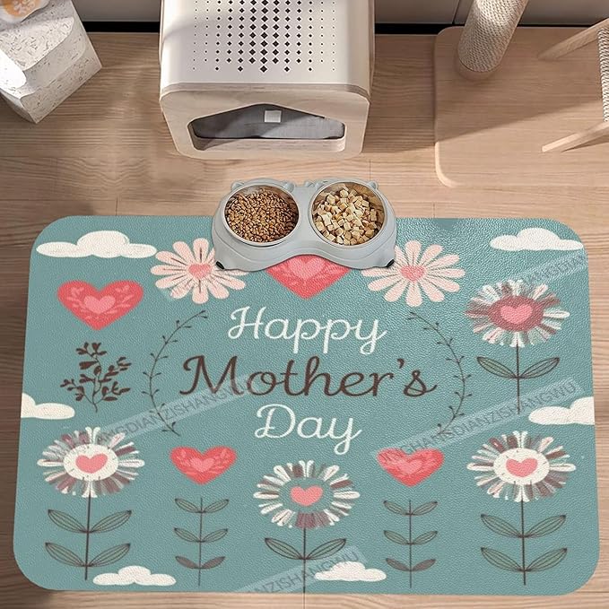 Absorbent Dog Water Cat Mat for Food Water Bowl Quick Dry Happy Mother's Day Floral Gift for Mom F Pet Feeding Mats No Stains Dog Food Mat Pet Accessories Supplies Cat Bowl Mats 18X12In