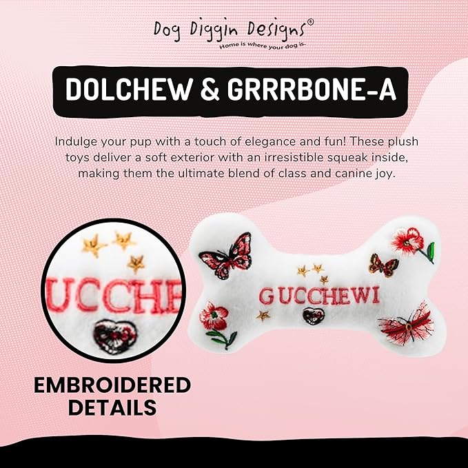 Dog Diggin Designs Gucchewi Butterfly Plush Dog Toy Bone | Luxury-Inspired Parody Designer Bone with Squeaker, Soft Plush Chew & Play Dog Toy – Prêt-à-Porter Play!