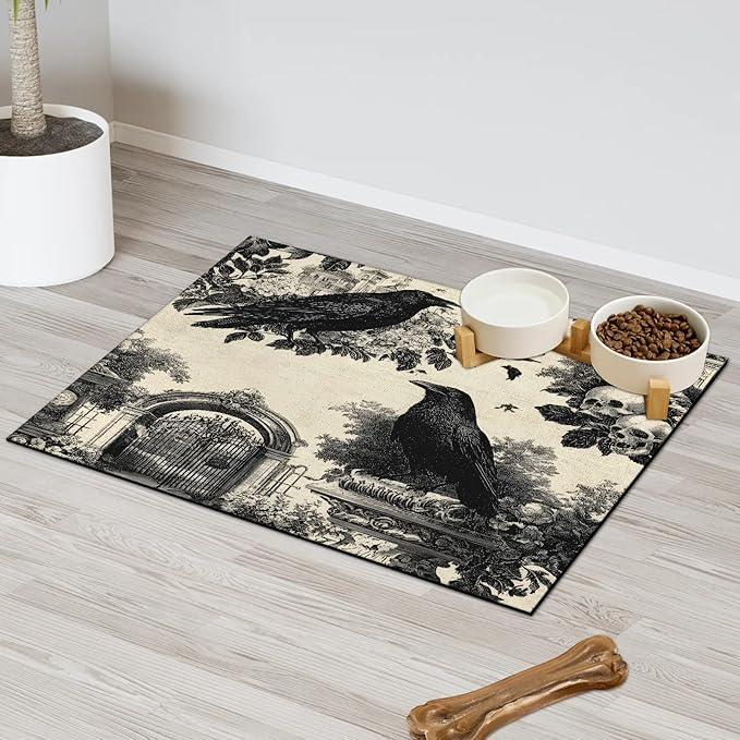 Halloween Crow Dog Food Mat for Floors Absorbent, Quick Dry Water Dispenser Mat for Food, Water, Pet Supplies 12" x 20", Skull