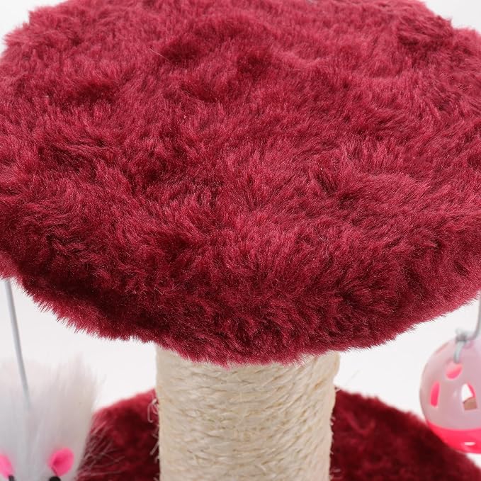 Luxshiny Double-Layer Indoor Cat Scratching Post with Plush Hanging Balls and Sisal Scratching Pillar Vertical Reusable Cat Activity Tower Burgundy Color Random Color