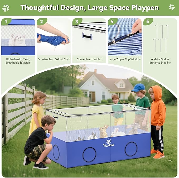 Pawaboo Small Animal Playpen, Pet Cage Tent with Breathable Mesh Wall and Bottom, Foldable Small Pet Enclosure for Puppy Kitten Rabbit Chicken Hamster Guinea Pig Indoor Outdoor Fence, Blue