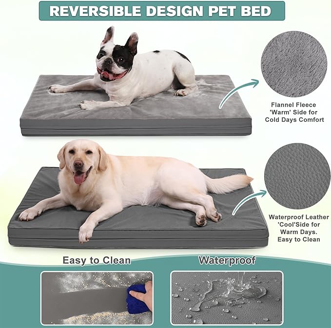 Extra Large Dog Bed Waterproof, XL Pet Beds Washable 44 inch, Orthopedic Foam Sleeping Pad with Removable Cover Reversible Anti-Slip 44"x32", Grey