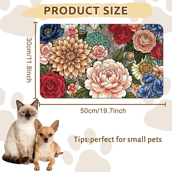 GLOBLELAND Vintage Mandala Flowers Pet Food Mat for Floors 11.8×20 inch Dogs Food Mats Absorbent Dog Bowl Mat Quick Dry Dog Cat Pet Placemats Pets Supplies for Water Dispenser