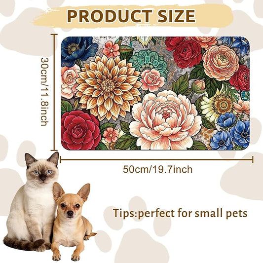 GLOBLELAND Vintage Mandala Flowers Pet Food Mat for Floors 11.8×20 inch Dogs Food Mats Absorbent Dog Bowl Mat Quick Dry Dog Cat Pet Placemats Pets Supplies for Water Dispenser