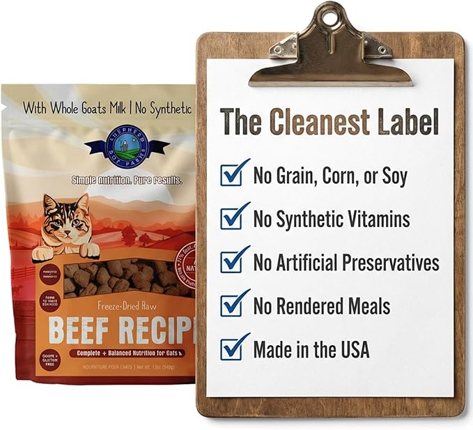 Shepherd Boy Farms Freeze-Dried Beef Cat Food – High-Protein, Grain-Free, Made with Organic Superfoods & Goat’s Milk (12oz)