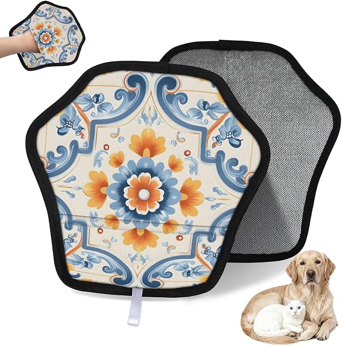 Floral Theme Electrostatic Pet Hair Removal Glove for Cats & Dogs - Reusable Grooming Mitt for Couch, Carpet, Car Seat & Laundry - Large 9x9 Inch
