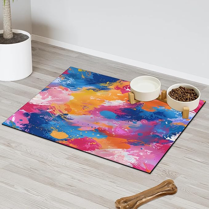 Colorful Graffiti Dog Food Mat for Floors Absorbent Dog Bowl Mat for Food and Water Dispenser Quick Dry Cat Food Placemat Pet Supplies 12" x 20", Watercolor Abstract