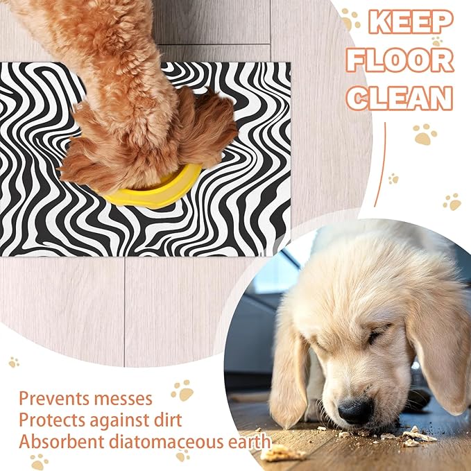 Zebra Print Dog Food Mat for Floors Absorbent Dog Bowl Mat for Food and Water Dispenser Quick Dry Cat Food Placemat Pet Supplies 16" x 24", Black White Striped