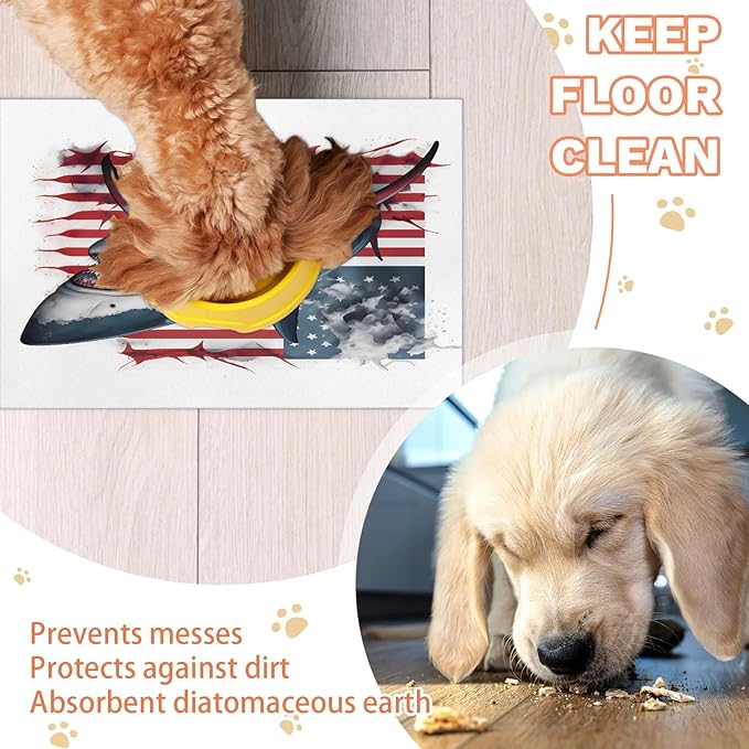 Cool Sharks Dog Food Mat for Floors Absorbent Dog Bowl Mat for Food and Water Dispenser Quick Dry Cat Food Placemat Pet Supplies 16" x 24", American Flag