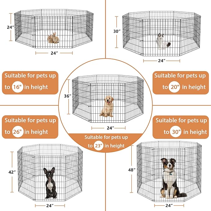 Pet Dog Playpen 24/30/36/42/48 Inch Metal Portable Dog Exercise Pen Indoor Outdoor Folding Yard Puppy Dog Fence for Small Medium Large Dogs 8 Panel