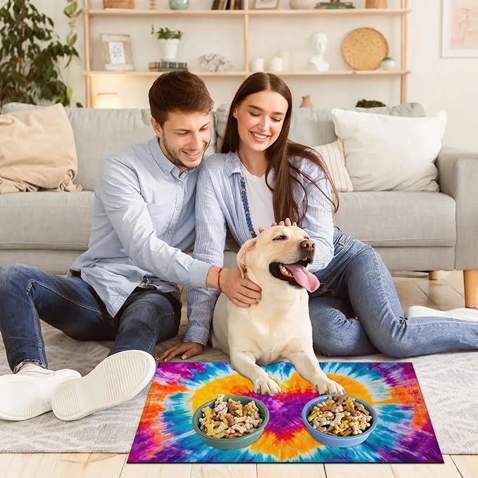 Tie Dye Dog Food Mat for Floors Absorbent, Quick Dry Water Dispenser Mat for Food, Water, Pet Supplies 12" x 20", Colorful Love Heart