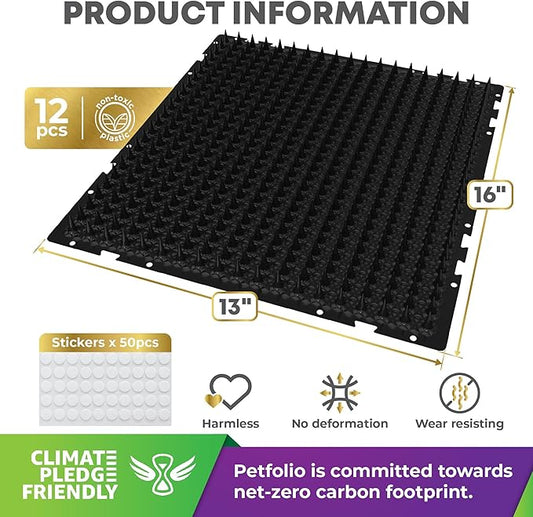 Petfolio 12 Pack Black Cat Spike Mat - 16" x 13" Scat Mat for Cats with 1" Spike is A Perfect Pet Deterrent for Indoor & Outdoor Cat Repellent to Deter Feral Cats & Dogs