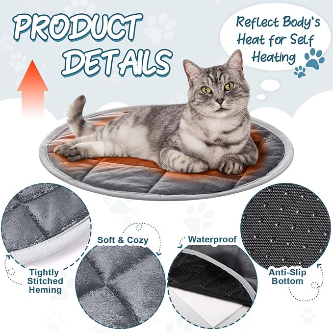 2 Pcs Self Warming Cat Mat Round Self Heating Pad Bed Reversible Machine Washable Heated Bed Anti Slip Warming Pad Pet Mat for Cat Crate Indoor Outdoor(Gray,14 Inch)
