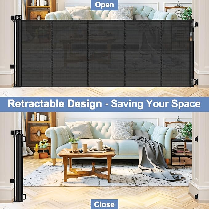 Reinforced Retractable Baby Gates with Support Beam 60" Wide Retractable Dog Gate Indoor Prevent Children and Dogs from Crawling Under Outdoor Dog Gate for Deck Mesh Gates for Kids or Pets, Black