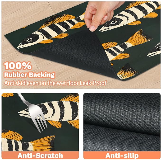 Fish Dog Food Mat for Floors Absorbent Dog Bowl Mat for Food and Water Dispenser Quick Dry Cat Food Placemat Pet Supplies 24" x 32", Fish Print