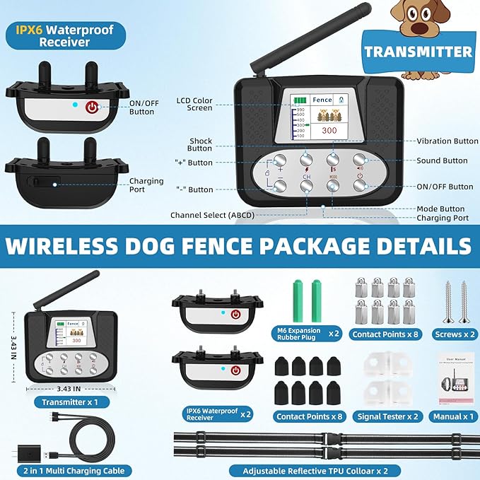 Wireless Dog Fence, Electric Fence for Dogs, Electric Dog Fence with LCD Screen, Adjustable Warning Strength, Range 50-999ft, Rechargeable Pet Containment System for Outdoor, Suitable for Most of Dog