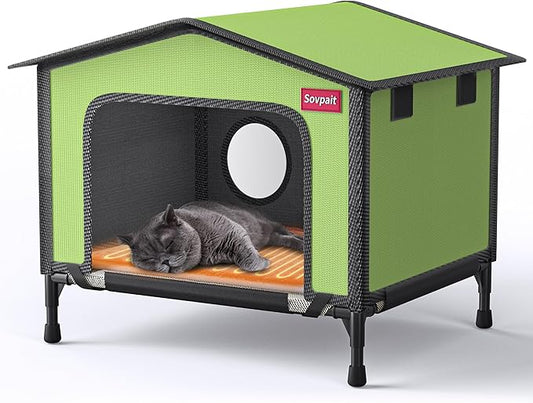 Outdoor Heated cat House with Heating pad and Escape Door,Waterproof and Warm Stray cat House,Suitable for Indoor,Outdoor,Winter,and Summer (Green, L24*19 * 17)