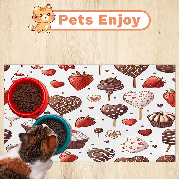 Chocolate Cake Dog Food Mat for Floors Absorbent Dog Bowl Mat for Food and Water Dispenser Quick Dry Cat Food Placemat Pet Supplies 17" x 30", Strawberry Print