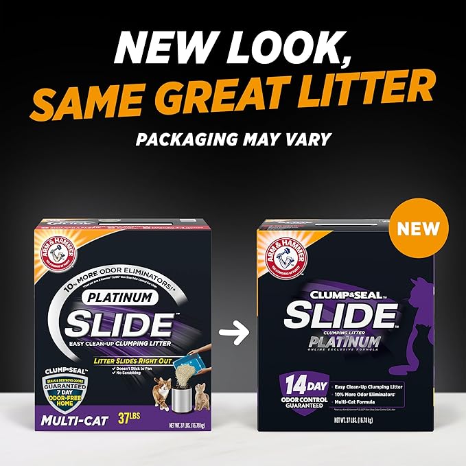 ARM & HAMMER Clump & Seal SLIDE Platinum Multi-Cat Clumping Cat Litter, 14-Day Odor Control, EZ Clean Technology, 37 lbs – No Scrubbing, Powerful Odor Eliminator