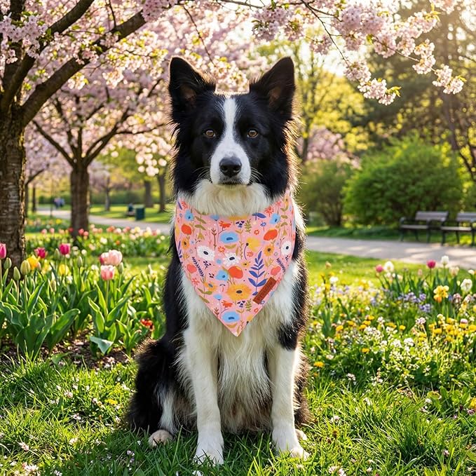 PTDECOR Spring Floral Dog Bandana, Pink Flower Pet Scarf, Premium Durable Fabric, Adjustable Cute Flower Bandanas for Medium Large Dogs Pets (Large)