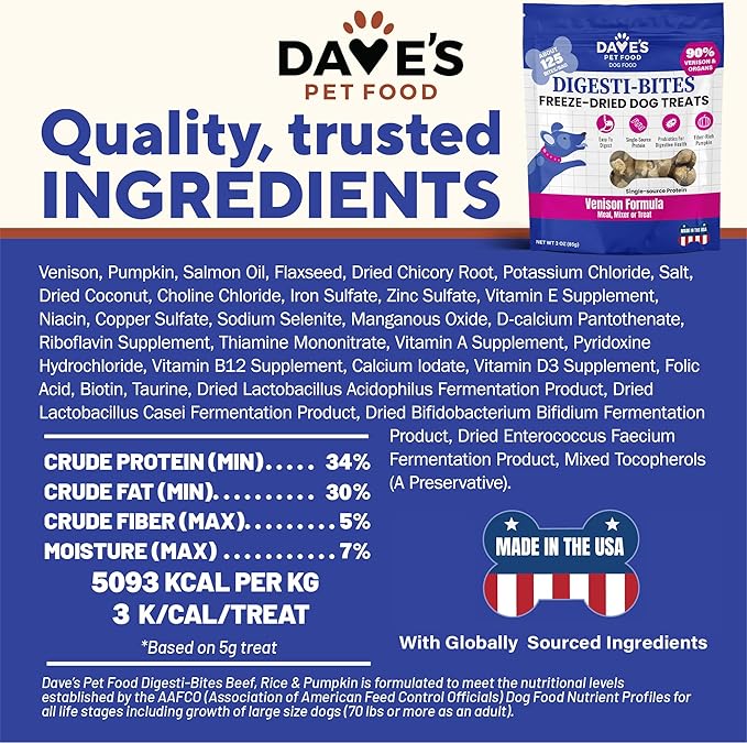 Dave's Pet Food Freeze Dried Venison Treats for Dogs with Pumpkin Fiber & Probiotics, Easy to Digest, Complete & Balanced Nutritious, Freeze Dried Dog Food Topper, USA Made (3 oz)
