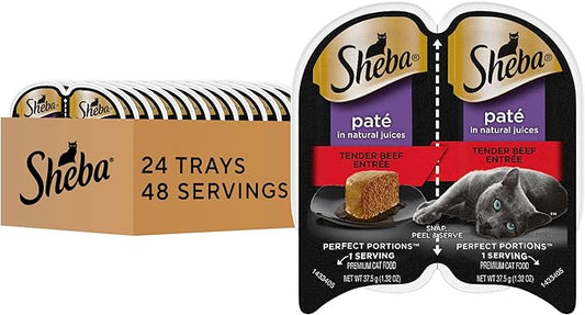 Sheba Perfect Portions Wet Cat Food Pate Tender Beef Entree, 2.6 oz. Twin-Pack Trays, Cat Food Wet Recipe (24 Count, 48 Servings)