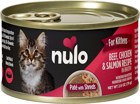 Nulo Paté with Shreds Beef, Chicken & Salmon Recipe for Kittens, 2.8 oz can, Case of 12