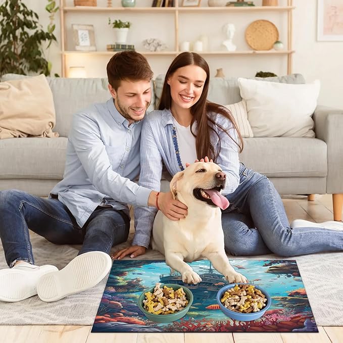 Pirate Ship Dog Food Mat for Floors Absorbent, Quick Dry Water Dispenser Mat for Food, Water, Pet Supplies 17" x 30", Ocean Sea