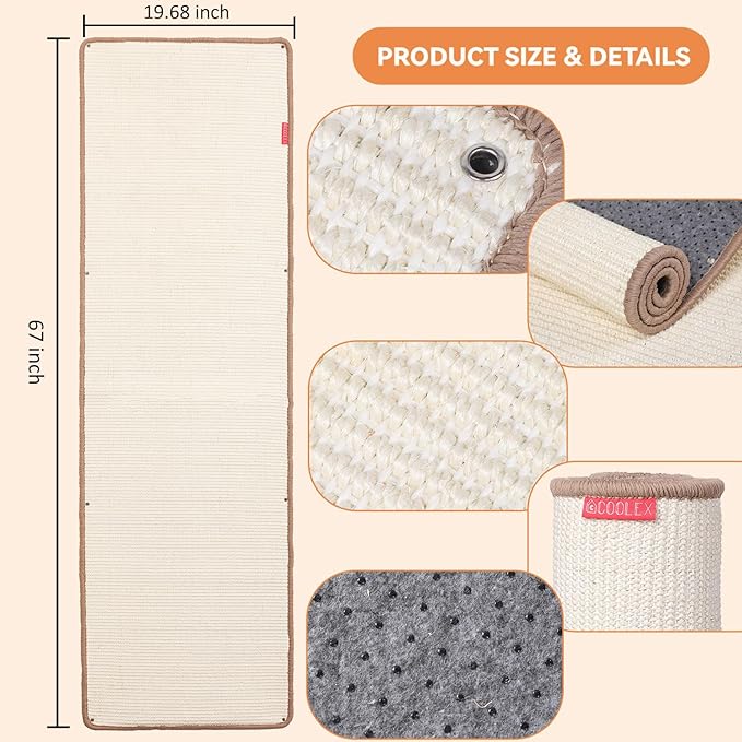 66.93x19.68x0.32 Inch Thickened Cat Wall Scratcher Carpet, Cat Climbing Wall, Durable Furniture, Tall Scratching Post, Scratchers for Indoor Cats, Couch Sofa Protector (Beige)