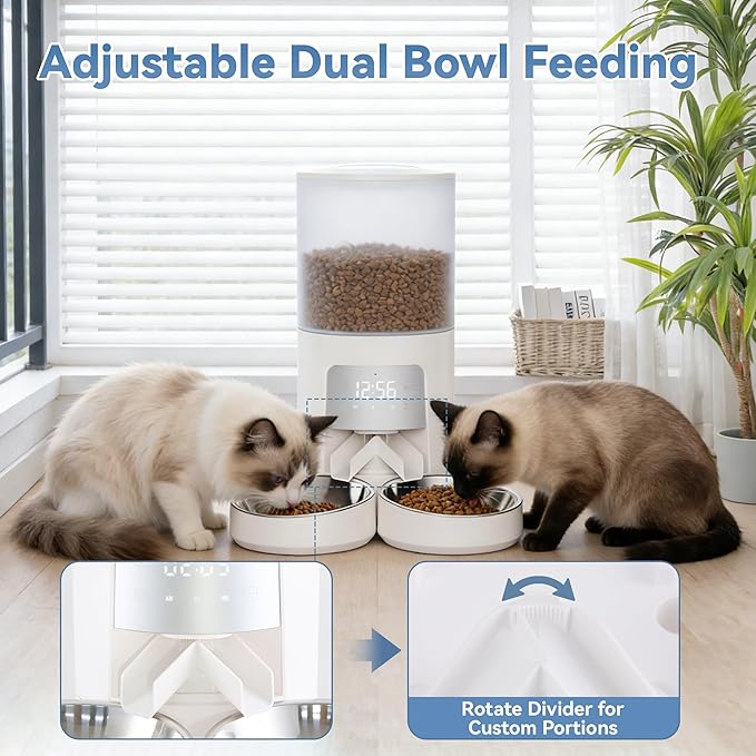 DUMOS Automatic Cat Feeder for 2 Cats, 6L Timed Cat Food Dispenser with 2 Stainless Bowls, 10s Voice Recorder, Dual Power Supply, 6 Meals 50 Portions Per Day, Dual Pet Feeder for Cat and Dog, White