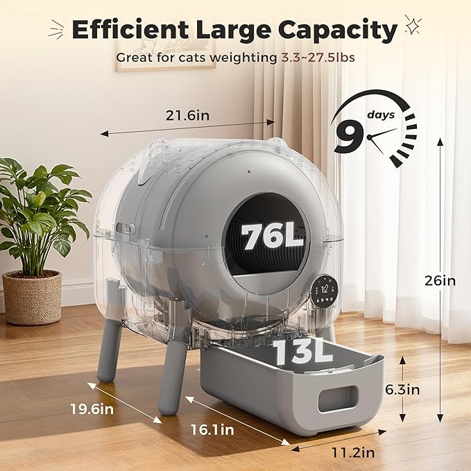 WARCAT Automatic Self-Cleaning Litter Box, Large Capacity Smart APP Control with Safety Sensors, Includes 1 Roll Garbage Bags (Gray)