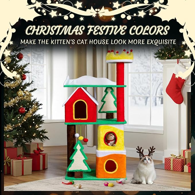 Outvita 56in Christmas Themed Plush Cat Tree, Multi-Level Cat Tower with Cat Condos, Top Crown Perch, Sisal Ramp Scratching Posts, Large Cat Pet Activity Center for Indoor Cats