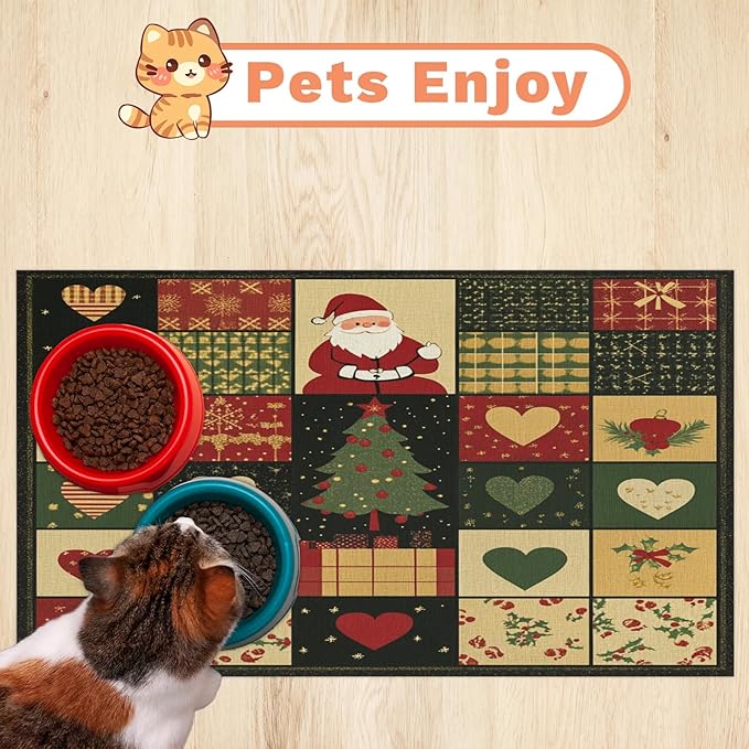 Santa Claus Dog Food Mat for Floors Absorbent, Quick Dry Water Dispenser Mat for Food, Water, Pet Supplies 12" x 20", Christmas Tree