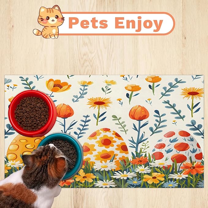 Easter Egg Dog Food Mat for Floors Absorbent Dog Bowl Mat for Food and Water Dispenser Quick Dry Cat Food Placemat Pet Supplies 16" x 24", Wildflower Floral