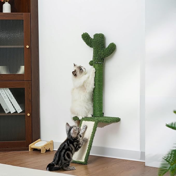 Cactus Wall-Mounted Cat Climbing Tree – Heavy-Duty Sisal Scratching Post with Slanted Board & Hanging Toy – Drill-Mount for All Wall Types, Space-Saving Decorative Cat Furniture