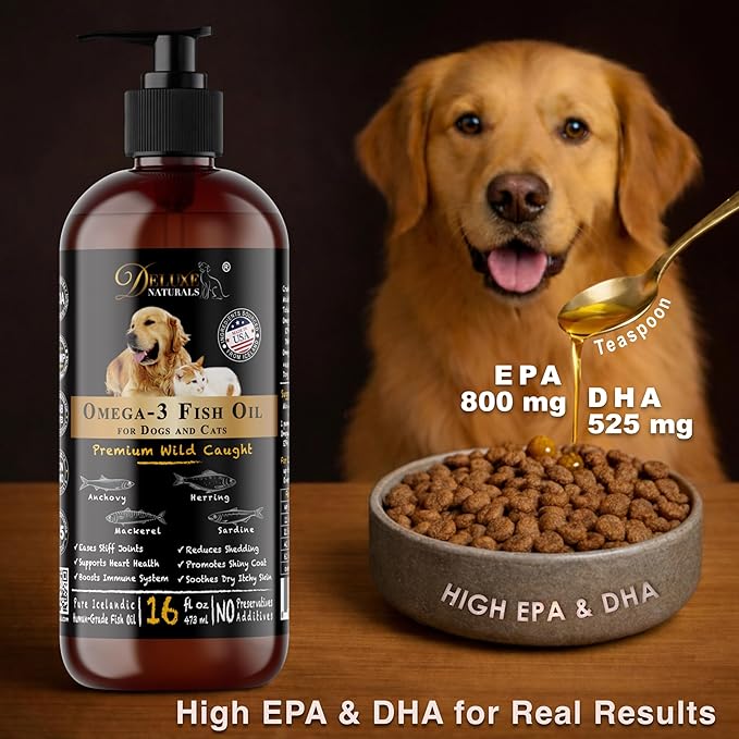 Rich Omega-3 Fish Oil for Dogs & Cats | Natural EPA + DHA Fatty Acids for Shiny Coat, Reduce Itchy Skin, Support Joint Function, Immune & Heart Health, 16 FL OZ