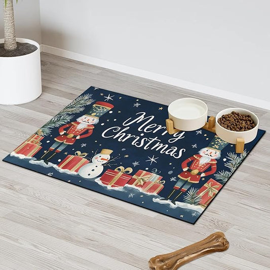 Merry Christmas Dog Food Mat for Floors Absorbent, Quick Dry Water Dispenser Mat for Food, Water, Pet Supplies 16" x 24", Christmas Nutcrackers