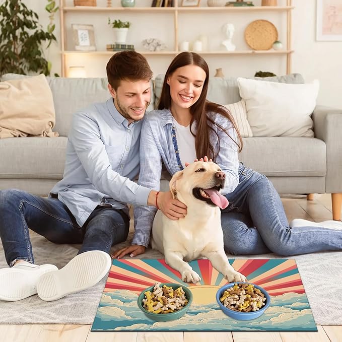 Sun Rainbow Dog Food Mat for Floors Absorbent, Quick Dry Water Dispenser Mat for Food, Water, Pet Supplies 17" x 30", Cloud