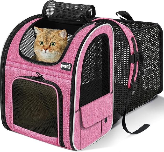 Pecute Cat Backpack Carrier Expandable, Pet Backpack for Cats & Small Dogs Up to 11lbs, with 4-Side Breathable Mesh, Multi-Entry & Lockable Zippers for Travel, Hiking, Camping - Hands Free, Pink