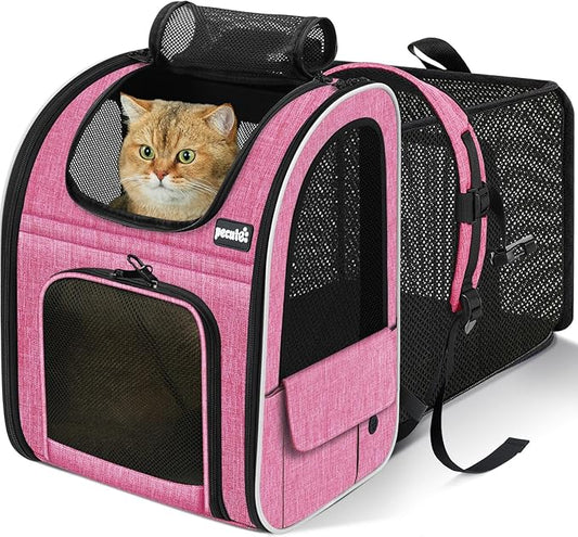 Pecute Cat Backpack Carrier Expandable, Pet Backpack for Cats & Small Dogs Up to 11lbs, with 4-Side Breathable Mesh, Multi-Entry & Lockable Zippers for Travel, Hiking, Camping - Hands Free, Pink
