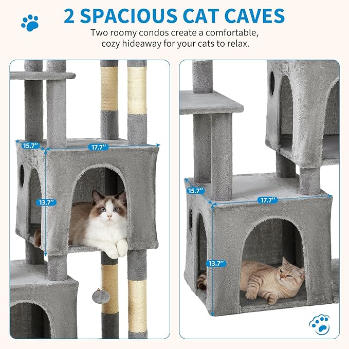 GarveeLife 61" Multi-Level Cat Tree for Indoor Cats, Heavy-Duty Tower for Large Adult & Maine Coon Cats with Oversized Perch, Dual Condos, Natural Sisal Scratching Posts & Play Toys – Light Gray