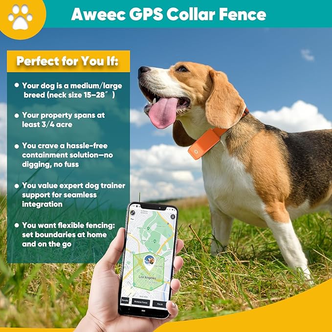GPS Wireless Dog Fence with Free App, Electric Fence System with Training Collar, Portable Fence for Outdoor Use, Rechargeable Waterproof Flexiable Collar, Adjustable for Large Medium Dogs (Oran ge)