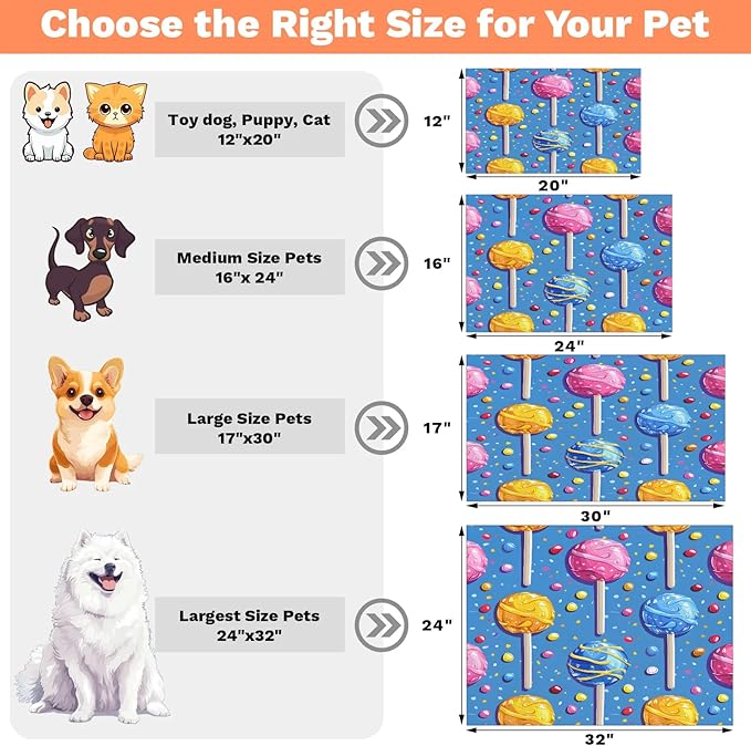 Candy Dog Food Mat for Floors Absorbent Dog Bowl Mat for Food and Water Dispenser Quick Dry Cat Food Placemat Pet Supplies 24" x 32", Sweet Theme