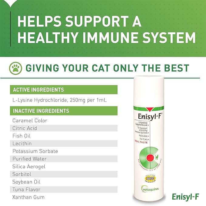 Vetoquinol Enisyl-F Oral Paste: L-Lysine Supplement for Cats - Tuna Flavor, 3.5oz (100mL) Pump