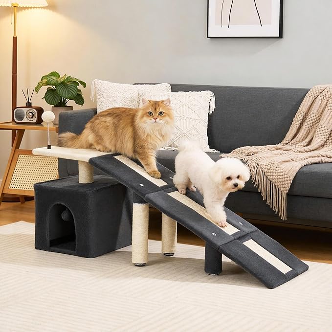 HOMBYS Cat Ramp for Bed, Gentle Slope Bed Access Ramp with Fun Spring Ball Toy & Sisal Scratching Posts, Soft Pet Ramp for Elderly Cats, Joint-Friendly Alternative to Cat Stairs