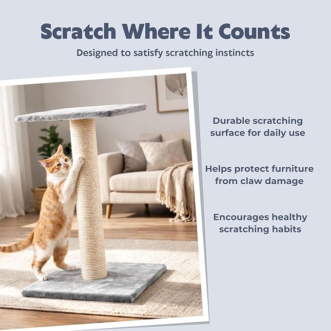 TRIXIE Espejo Cat Scratching Post 27.2 Inch - Cat Scratcher with Soft Fabric Covering Base and Durable Sisal Rope - with Resting Platform - Gray