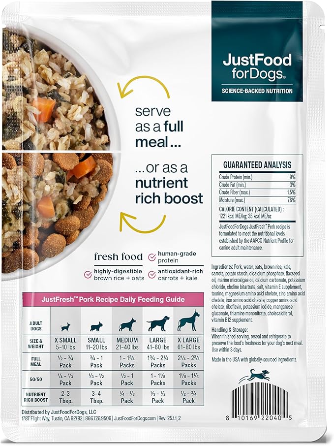 JustFoodForDogs JustFresh Wet Dog Food, Fresh Pet Meals and Toppers with No Preservatives, Resealable Package, Human Grade, Home-Cooked Porl, 12 oz - 7 Pack