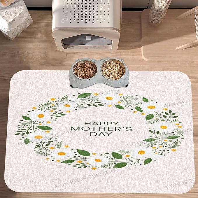 Non Slip Mat for Dog Pet Cat Dog Food Mats Happy Mother's Day Floral Gift for Mom Daisy Water Bowl Mat Quick Dry Absorbent Cat Feeding Mats 24x16In